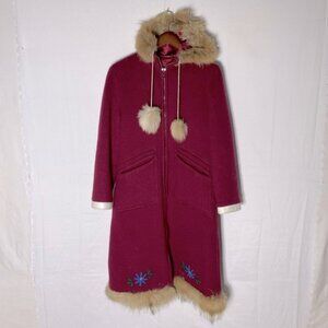 Vintage Kelsey Trail Burgundy Wool Embroidered Zip Front Parka W Fur Trim M